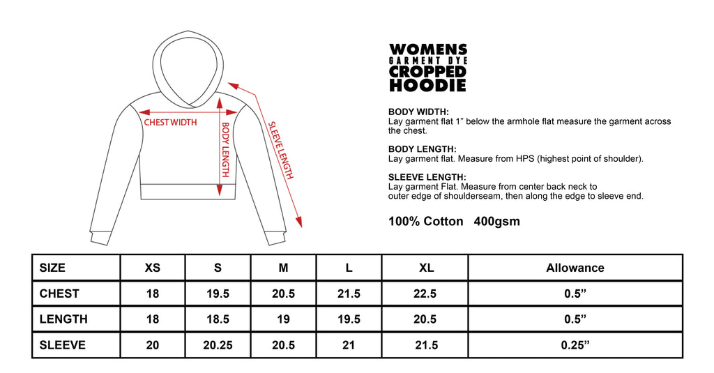 Measurement chart for women's fleece cropped hoodie with dimensions and size chart.